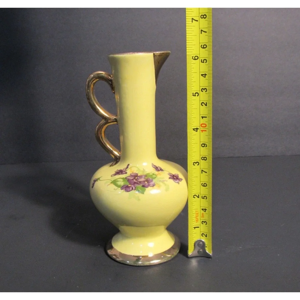 Vintage Yellow Ceramic Miniature Bud Vase Purple Violets Gold Trim 6.25in